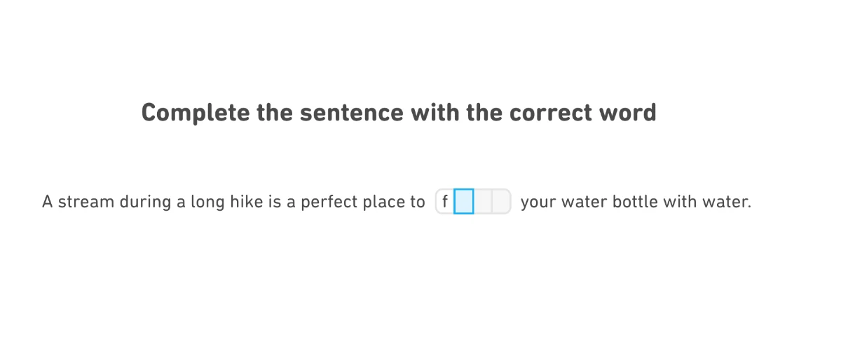 Fill in the Blanksの問題画面。文中の欠けた単語に文字を入力して完成させる