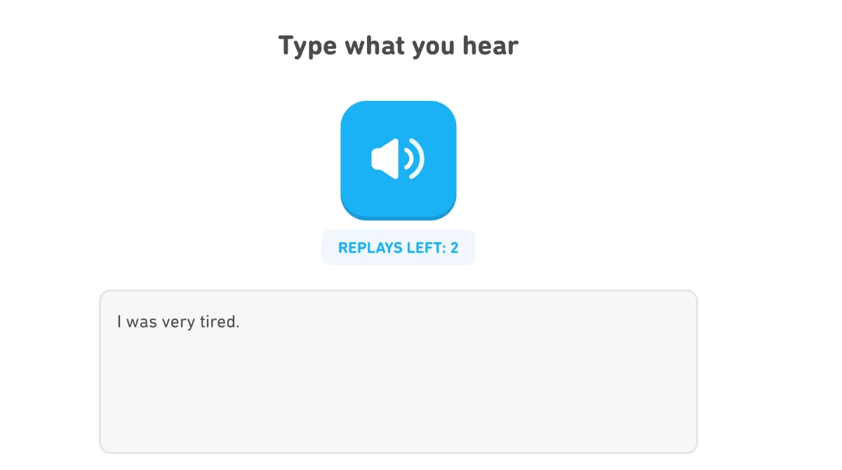 Listen and Typeの問題画面。聞こえた英文をそのまま入力する