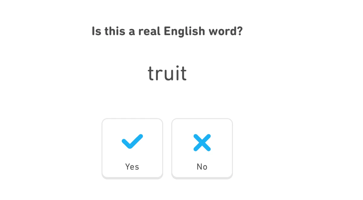 Read and Selectの問題画面。表示された単語が実在する英単語かをYes/Noで選ぶ