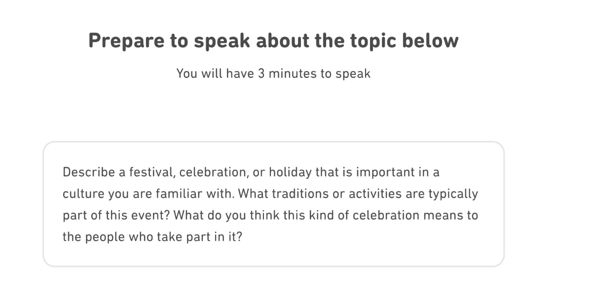 Speaking Sampleの問題画面。お題について最大3分で話す
