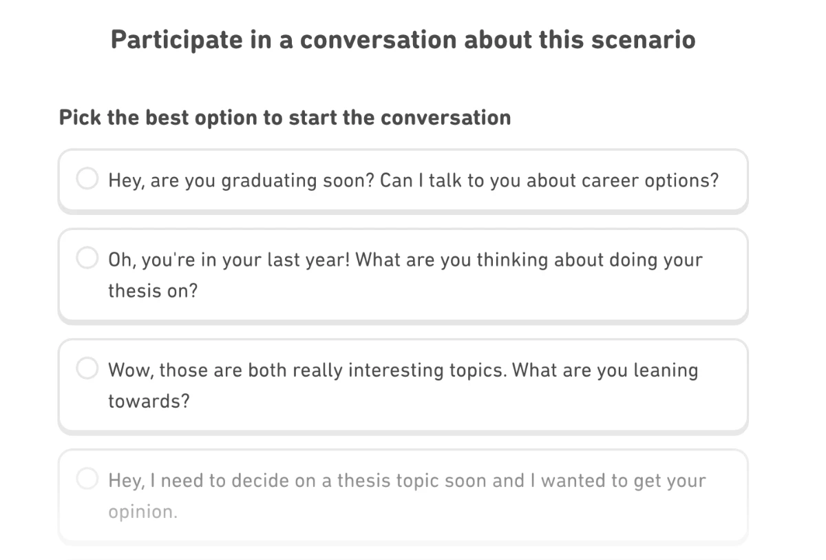 Interactive Listeningのステップ2の最初。Pick the best option to start the conversationの指示で、会話の切り出し方の選択肢が並ぶ画面