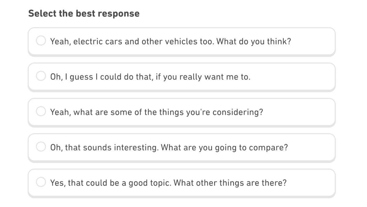 Interactive Listeningのステップ2の途中。Select the best responseの指示で、相手の発言への返答候補が5つ並ぶ画面