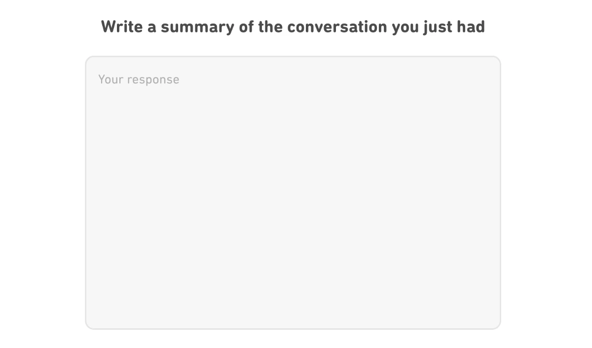 Interactive Listeningのステップ3。Write a summary of the conversation you just hadの指示と、大きな空欄の解答ボックスが表示された画面