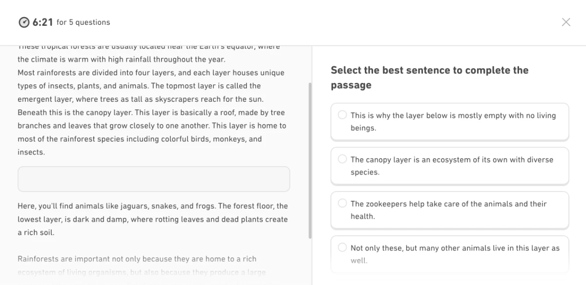 Interactive Readingの2問目Complete the Passageの画面。本文中の空欄に入る文を右の選択肢から選ぶ