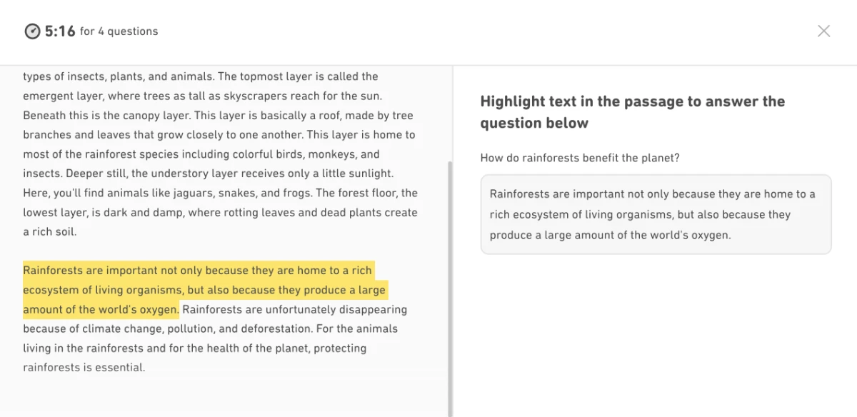Interactive Readingの3問目Highlight the Answerの画面。質問の答えになる箇所を本文から黄色くハイライトしている