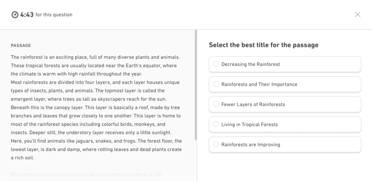 Interactive Readingの6問目Title the Passageの画面。本文に最もふさわしいタイトルを選択肢から選ぶ