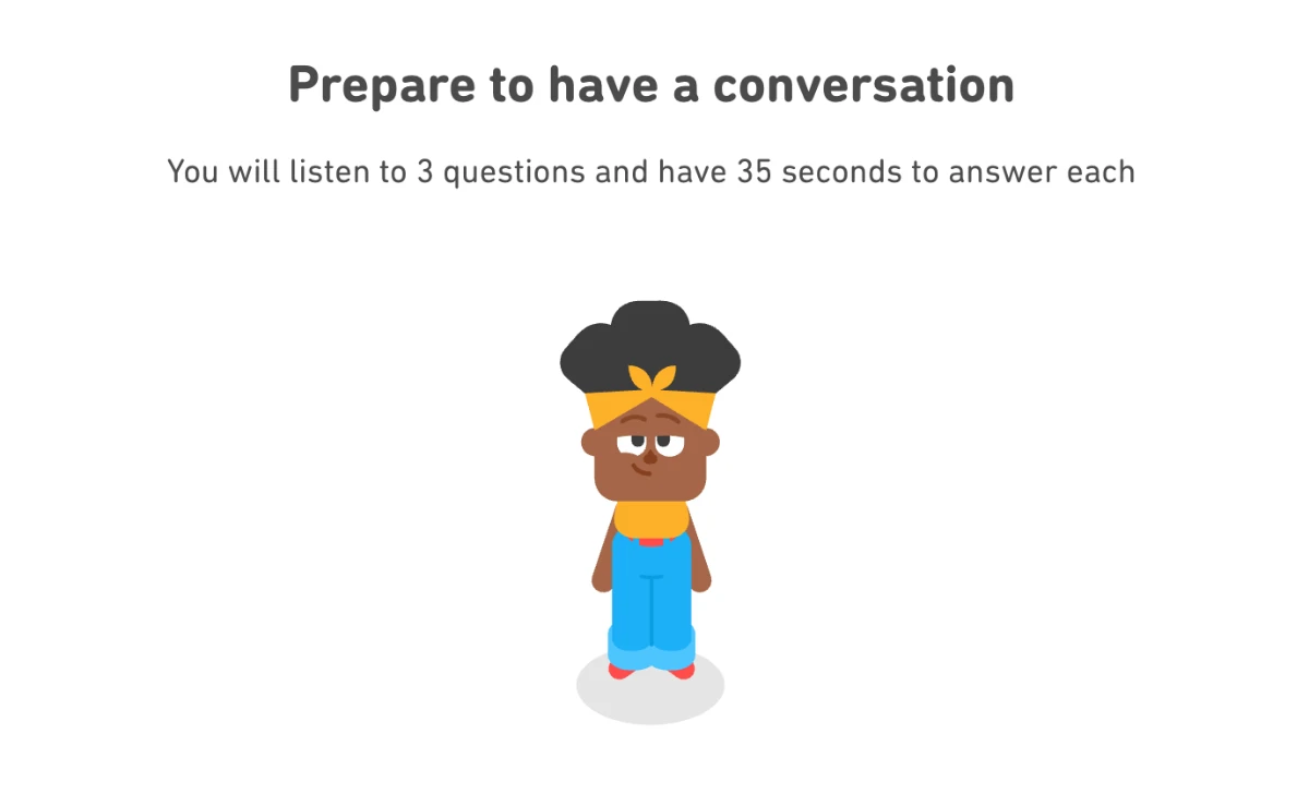 Interactive Speakingの問題画面。AIキャラクターの音声質問に35秒以内で答える