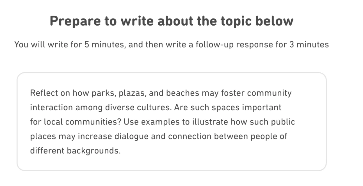 Interactive Writingの準備画面。5分書いたあとにフォローアップを3分で書くという説明とお題が表示されている
